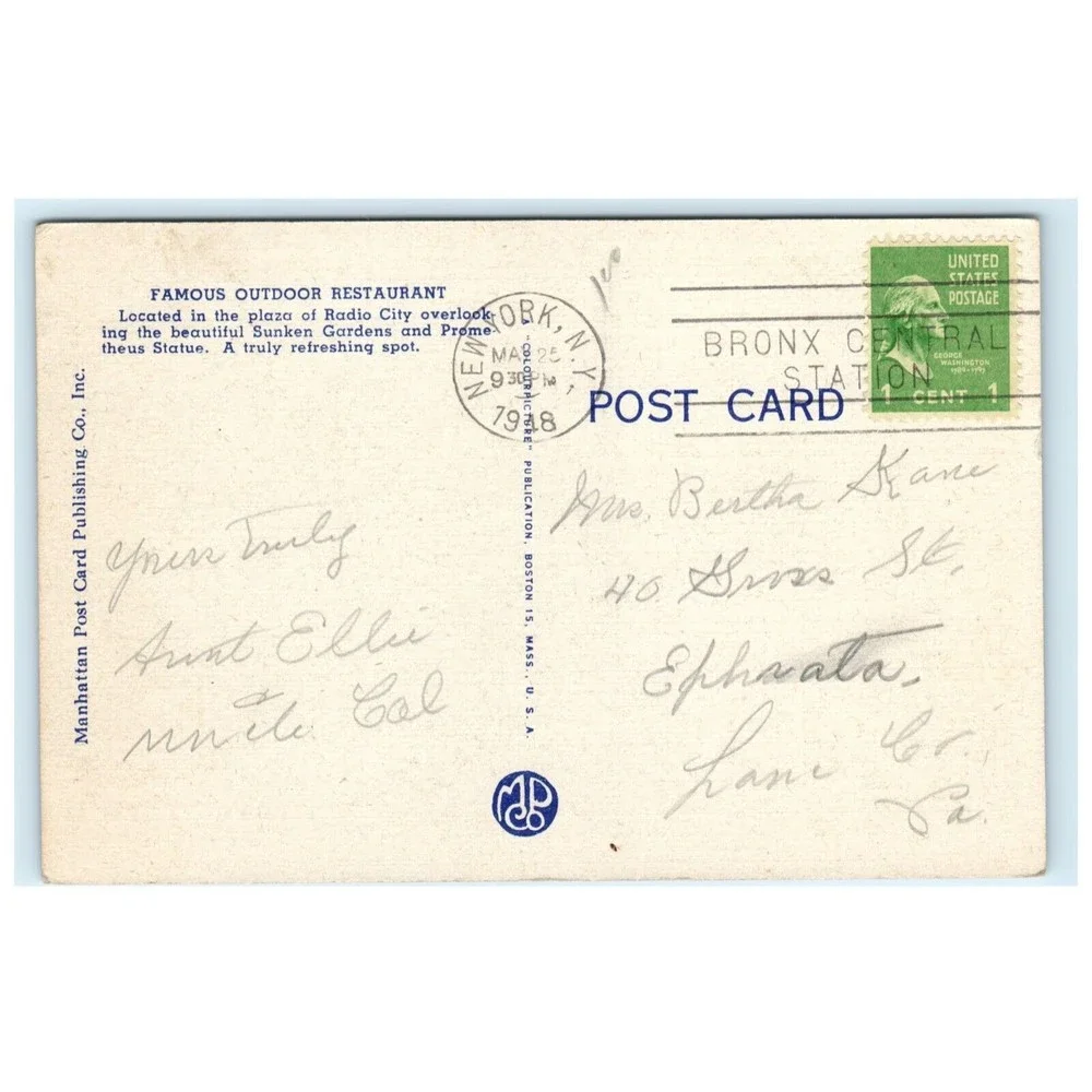 Vintage Postcard New York City NY Rockefeller Center Radio City‎ Restaurant 1948